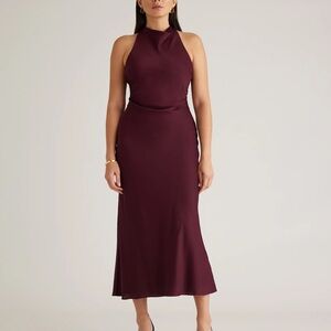 Quince Washable Stretch Silk High Neck Midi Dress in Wine Tasting Red